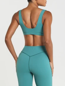 11SKNDS V-Neck Sports Bra With Wide Straps And Scoop Back For Yoga Pilates And Low-Impact Training With Sweat-Wicking, Stretchy, Breathable, Buttery-Soft & Removable Cups, For Gym Workout Fitness Studio, Running & Hy-Rox - Hunter Green - View 3