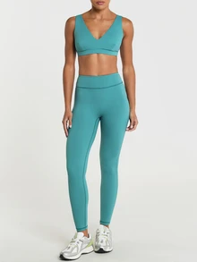 11SKNDS V-Neck Sports Bra With Wide Straps And Scoop Back For Yoga Pilates And Low-Impact Training With Sweat-Wicking, Stretchy, Breathable, Buttery-Soft & Removable Cups, For Gym Workout Fitness Studio, Running & Hy-Rox - Hunter Green - View 4