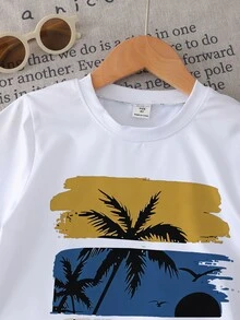 SHEIN 1 Set Toddler Boys' Summer Coconut Tree & Letter Print Short Sleeve Outfit, Suitable For Beach Vacation/Casual Play, Ideal For Outings, Spring/Summer - Multicolor - View 9