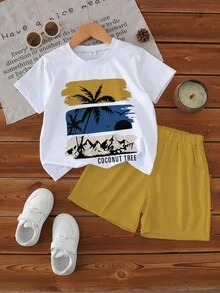 SHEIN 1 Set Toddler Boys' Summer Coconut Tree & Letter Print Short Sleeve Outfit, Suitable For Beach Vacation/Casual Play, Ideal For Outings, Spring/Summer - Multicolor - View 4
