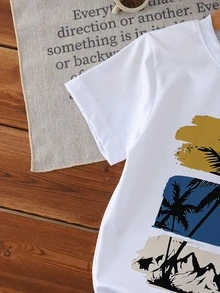 SHEIN 1 Set Toddler Boys' Summer Coconut Tree & Letter Print Short Sleeve Outfit, Suitable For Beach Vacation/Casual Play, Ideal For Outings, Spring/Summer - Multicolor - View 8