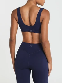 11SKNDS V-Neck Sports Bra With Wide Elastic Underband And Deep Scoop Back Design, Featuring Removable Cups With Sweat-Wicking, Stretchy, Breathable, Buttery-Soft & Low Impact Support, For Gym Workout Fitness Yoga Pilates Studio, Running, Training & Hy-Rox - Navy Blue - View 3
