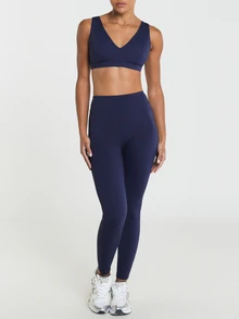 11SKNDS V-Neck Sports Bra With Wide Elastic Underband And Deep Scoop Back Design, Featuring Removable Cups With Sweat-Wicking, Stretchy, Breathable, Buttery-Soft & Low Impact Support, For Gym Workout Fitness Yoga Pilates Studio, Running, Training & Hy-Rox - Navy Blue - View 4