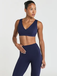 11SKNDS V-Neck Sports Bra With Wide Elastic Underband And Deep Scoop Back Design, Featuring Removable Cups With Sweat-Wicking, Stretchy, Breathable, Buttery-Soft & Low Impact Support, For Gym Workout Fitness Yoga Pilates Studio, Running, Training & Hy-Rox - Navy Blue - View 6