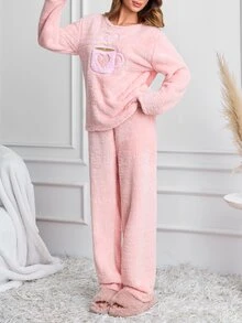 SHEIN Cute Heart Mug Embroidered PlushSolid Olor Casual Pajama Set - Baby Pink - View 5