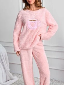 SHEIN Cute Heart Mug Embroidered PlushSolid Olor Casual Pajama Set - Baby Pink - View 6