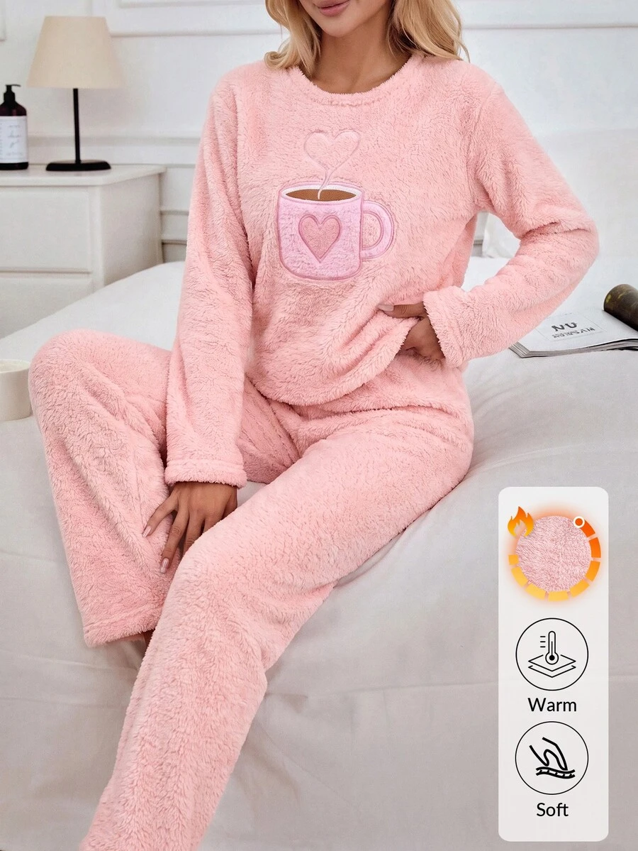 SHEIN Cute Heart Mug Embroidered PlushSolid Olor Casual Pajama Set