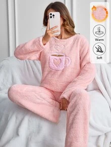 SHEIN Cute Heart Mug Embroidered PlushSolid Olor Casual Pajama Set - Baby Pink - View 4