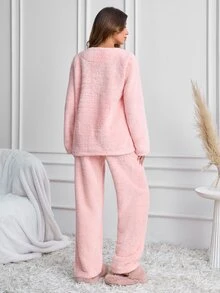 SHEIN Cute Heart Mug Embroidered PlushSolid Olor Casual Pajama Set - Baby Pink - View 3