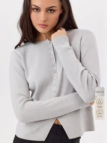 KÆRIA Hus Cardigan Rajut Kasual Wanita Warna Polos Leher Bulat Lengan Panjang Kancing Tunggal - Light Grey - View 8