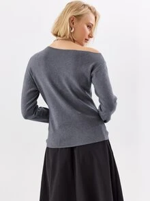KÆRIA Hus Atasan Wanita Kasual Minimalis Lengan Panjang Satu Bahu, Gaya Preppy - Dark Grey - View 2