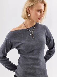 KÆRIA Hus Atasan Wanita Kasual Minimalis Lengan Panjang Satu Bahu, Gaya Preppy - Dark Grey - View 4