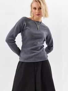 KÆRIA Hus Atasan Wanita Kasual Minimalis Lengan Panjang Satu Bahu, Gaya Preppy - Dark Grey - View 1