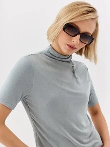 KÆRIA Hus Sculpted Funnel Neck Short Sleeve Top - Soft Touch Comfort Stretch - Light Blue - Button, Detail, Brunch, Going Out, Summer, Casual - Grey - View 5