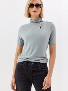 KÆRIA Hus Sculpted Funnel Neck Short Sleeve Top - Soft Touch Comfort Stretch - Light Blue - Button, Detail, Brunch, Going Out, Summer, Casual - Grey - View 4