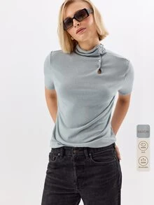 KÆRIA Hus Sculpted Funnel Neck Short Sleeve Top - Soft Touch Comfort Stretch - Light Blue - Button, Detail, Brunch, Going Out, Summer, Casual - Grey - View 8