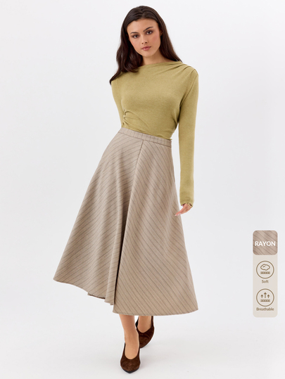KÆRIA Hus Paneled Full Volume Midi Skirt - Sculpted Pinstripe - Taupe - Matching Set, A Line Skirt, Full Skirt, Autumn, Chill, Eegant, Brunch, Picnic, French