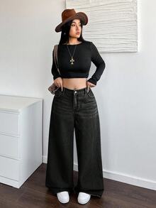 SHEIN CURVE+ 大尺碼女款休閒日常牛仔褲，附口袋，秋冬正式 Y2K 基本款，萬聖節派對校園穿搭，黑色 Curve+ 修身女教師套裝 - 黑色 - 查看 5