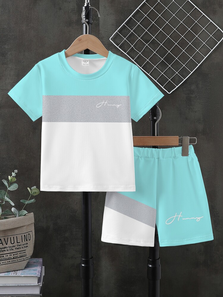 New Boys' Light Blue Patchwork Outfit, Letter Print T-Shirt And Shorts 2 Pieces Set, Suitable For Middle And Big Kids, Casual Baggy School Summer - Multicolor - View 5