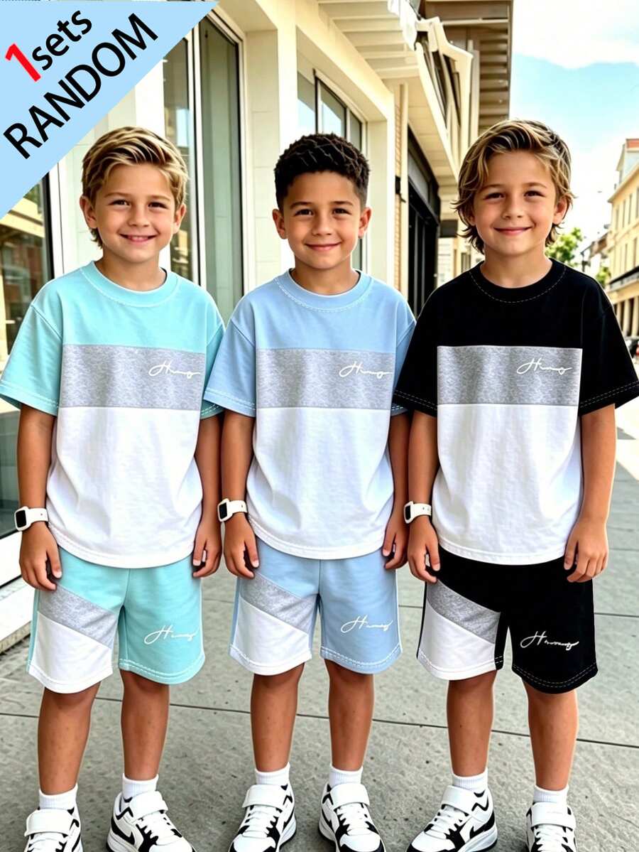 New Boys' Light Blue Patchwork Outfit, Letter Print T-Shirt And Shorts 2 Pieces Set, Suitable For Middle And Big Kids, Casual Baggy School Summer - Multicolor - View 1