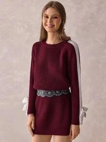 SHEIN Women Round Neck Loose Fit Burgundy Sweater Dress With Bow Sleeve Detailed - Burgundy - View 7