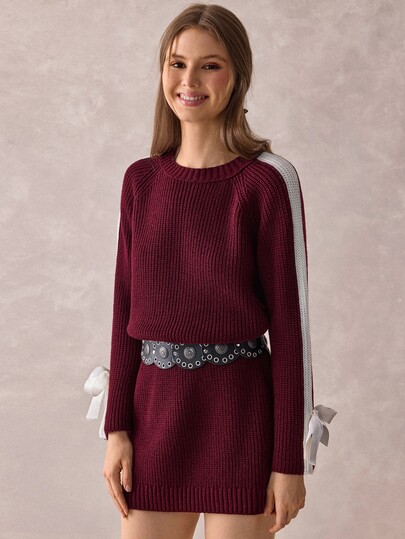 SHEIN Women Round Neck Loose Fit Burgundy Sweater Dress With Bow Sleeve Detailed