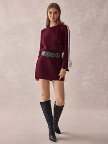 SHEIN Women Round Neck Loose Fit Burgundy Sweater Dress With Bow Sleeve Detailed - Burgundy - View 8
