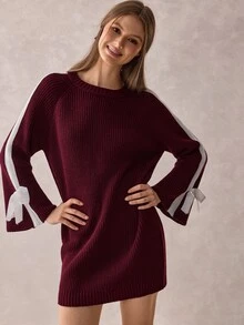 SHEIN Women Round Neck Loose Fit Burgundy Sweater Dress With Bow Sleeve Detailed - Burgundy - View 3