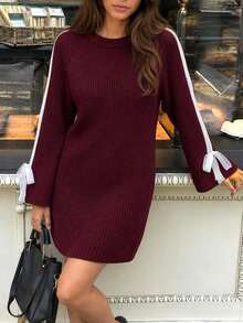 SHEIN Women Round Neck Loose Fit Burgundy Sweater Dress With Bow Sleeve Detailed - Burgundy - View 2