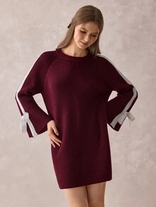 SHEIN Women Round Neck Loose Fit Burgundy Sweater Dress With Bow Sleeve Detailed - Burgundy - View 10