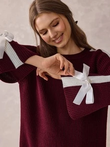 SHEIN Women Round Neck Loose Fit Burgundy Sweater Dress With Bow Sleeve Detailed - Burgundy - View 5