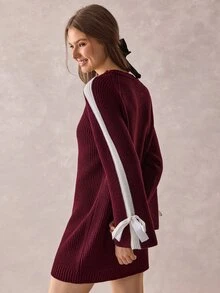 SHEIN Women Round Neck Loose Fit Burgundy Sweater Dress With Bow Sleeve Detailed - Burgundy - View 11