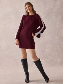 SHEIN Women Round Neck Loose Fit Burgundy Sweater Dress With Bow Sleeve Detailed - Burgundy - View 6