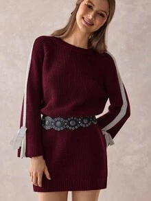 SHEIN Women Round Neck Loose Fit Burgundy Sweater Dress With Bow Sleeve Detailed - Burgundy - View 9