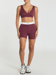 11SKNDS V-Neck Sports Bra With Wide Underband, Low-Impact Support, Smooth Fabric, Scoop Back Design With Sweat-Wicking, Stretchy, Breathable, Buttery-Soft & Removable Cups, For Gym Workout Fitness Studio, Running, Training & Hy-Rox - Burgundy - View 6