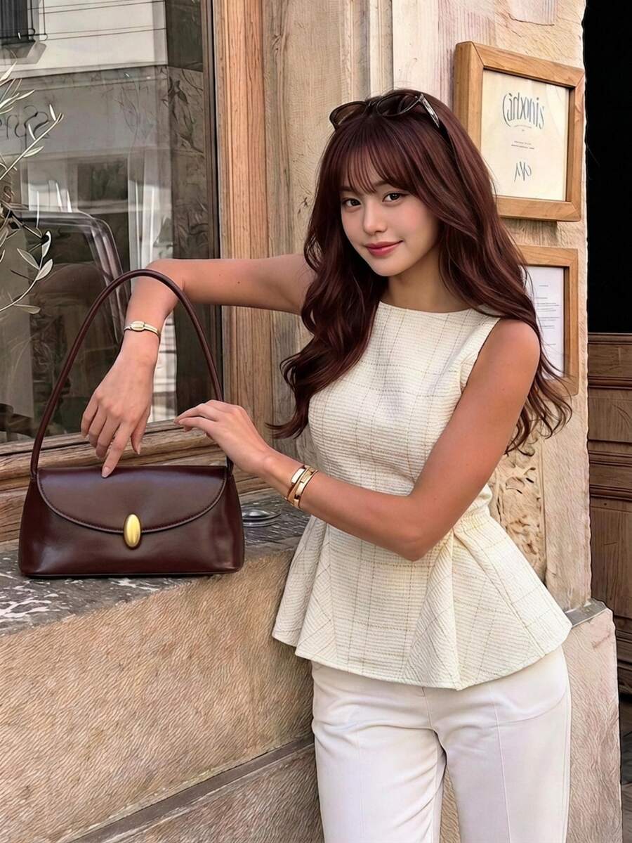 Serisse Kemeja Kasual Tanpa Lengan Leher Bulat Motif Kotak-kotak untuk Wanita - Putih - View 1