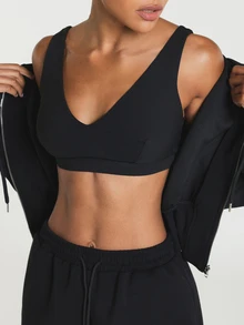 11SKNDS V-Neck Sports Bra With Wide Straps And Elastic Underband For Low To Medium Impact Activity With Sweat-Wicking, Stretchy, Breathable, Buttery-Soft & Removable Cups, For Gym Workout Fitness Yoga Pilates Studio, Running, Training & Hy-Rox - Black - View 2