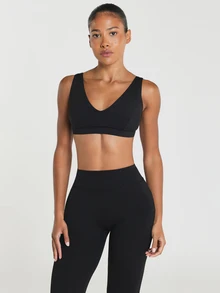 11SKNDS V-Neck Sports Bra With Wide Straps And Elastic Underband For Low To Medium Impact Activity With Sweat-Wicking, Stretchy, Breathable, Buttery-Soft & Removable Cups, For Gym Workout Fitness Yoga Pilates Studio, Running, Training & Hy-Rox - Black - View 4