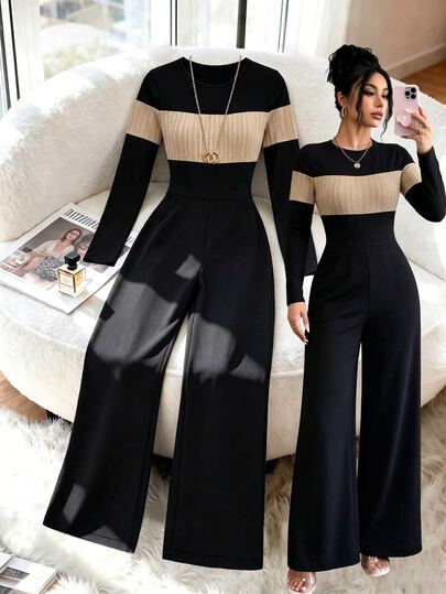 GlowEve CURVE Women's Plus Size Long Sleeve Jumpsuit, Patchwork Texture, Round Neck, Elegant, Casual, Vacation, Party, Valentine's Day, 2026 Autumn/Winter New, Daily Wear, Halloween, Christmas