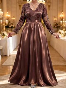 Fleurora Plus Size Elegant Embroidered Long Sleeve Evening Dress - Coffee Brown - View 4