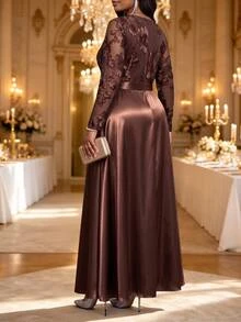 Fleurora Plus Size Elegant Embroidered Long Sleeve Evening Dress - Coffee Brown - View 7