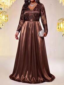 Fleurora Plus Size Elegant Embroidered Long Sleeve Evening Dress - Coffee Brown - View 1