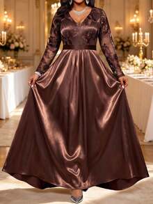 Fleurora Plus Size Elegant Embroidered Long Sleeve Evening Dress - Coffee Brown - View 2
