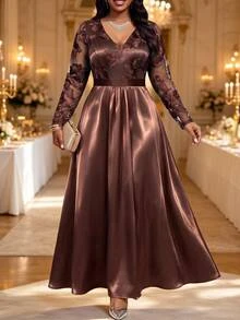 Fleurora Plus Size Elegant Embroidered Long Sleeve Evening Dress - Coffee Brown - View 5