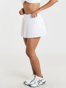 11SKNDS Rok Tenis Mini Berlipit dengan Pinggang Elastis - Rok Pendek Model A-Line yang Mengalir untuk Lapangan dan Pakaian Kasual - Putih - View 3