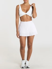 11SKNDS Rok Tenis Mini Berlipit dengan Pinggang Elastis - Rok Pendek Model A-Line yang Mengalir untuk Lapangan dan Pakaian Kasual - Putih - View 6