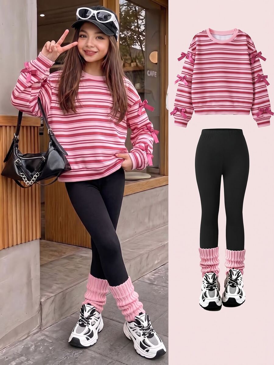 Genkimix Kids Girls Korean Style Energetic Grey Sweatshirt & Ribbon Bow Fitted Long Pants 2 Pieces Set, Thermal Lined Thickened, Autumn/Winter - Multicolor - View 1