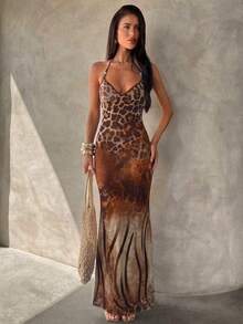 Aloruh Women's Spaghetti Strap Beaded Decor Brown Zebra Print Fitted Long Dress Beach Vacation Summer Sexy Tropical - Red - View 4