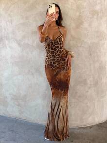Aloruh Women's Spaghetti Strap Beaded Decor Brown Zebra Print Fitted Long Dress Beach Vacation Summer Sexy Tropical - Red - View 1