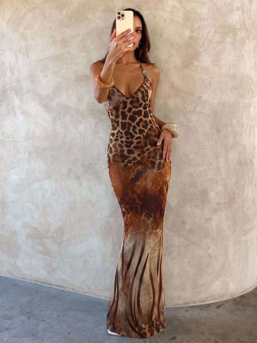 Aloruh Women's Spaghetti Strap Beaded Decor Brown Zebra Print Fitted Long Dress Beach Vacation Summer Sexy Tropical - Red - View 1